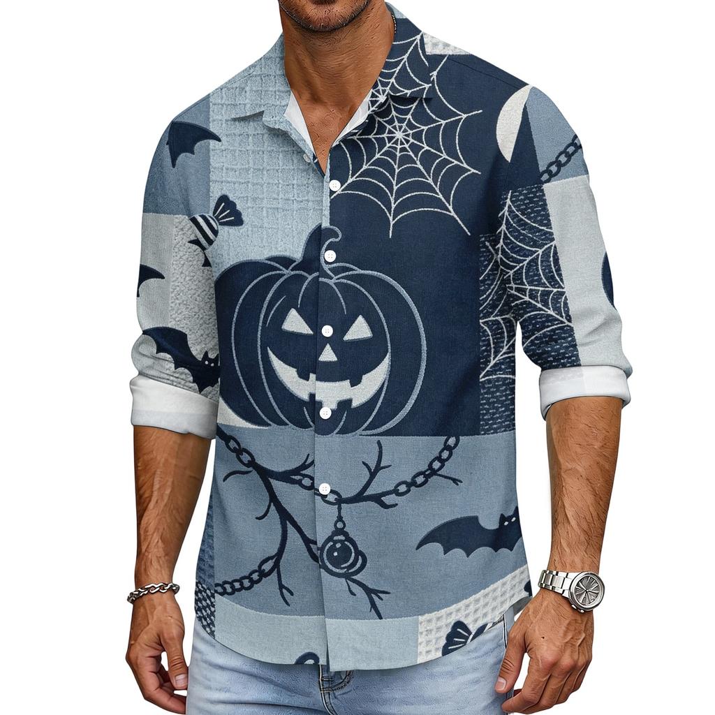 Men's Casual Long Sleeve Button Down Shirt Halloween Print Patchwork Design Lightweight Breathable Fabric Relaxed Fit