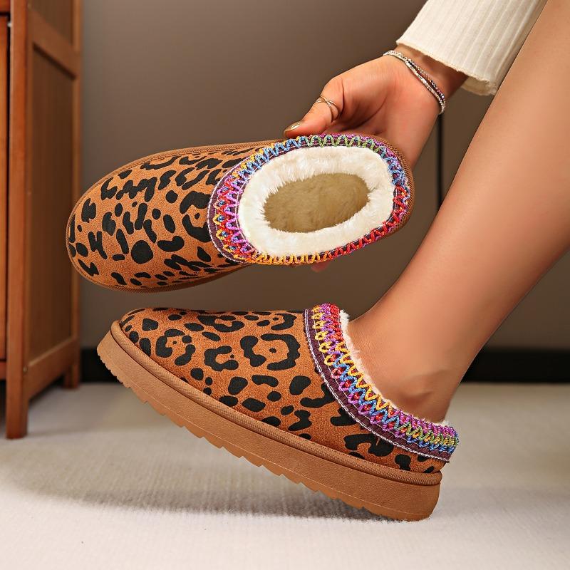 Fashion Snow Boots for Women 2024 Winter New Style Leopard Print Thick Sole Heelless Fur Half Slippers Cotton Shoes Warm Boots