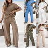 Women's Linen Blend Summer Set Floral Embroidered Top & Elastic Waist Wide Leg Pants Breathable Casual Outfit