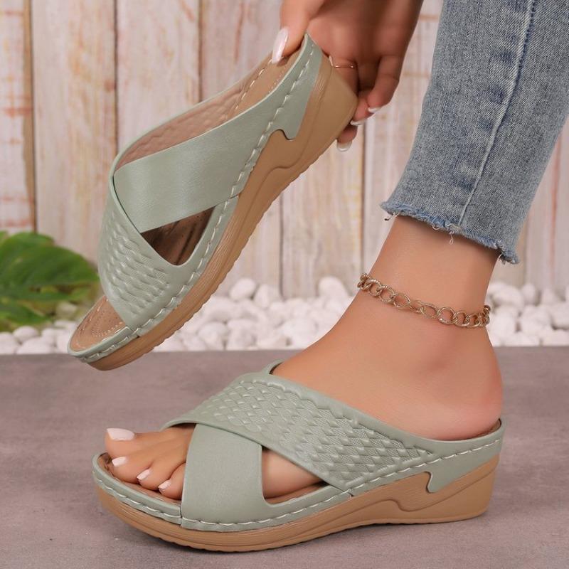 Hollow cross with platform sandals women's Velcro solid color light slope heel beach sandals