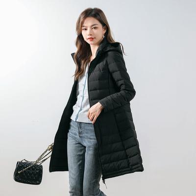 Feder neue Damen 90er Fleece einfarbige Damenbekleidung mit Kapuze und Kapuze nahtlose Daunenjacke mittellange und lange Jacke in großer Größe