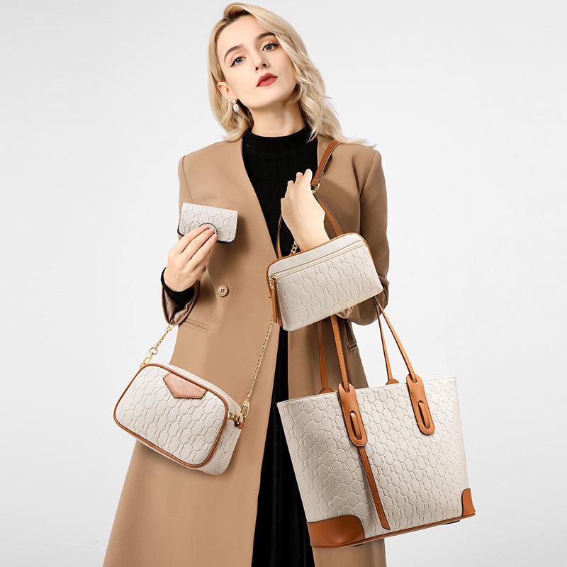 New Embossed Large Tote Bag High Quality PU Ladies Handbag Trendy Single Shoulder Oblique Span Bag Large Capacity Women's 4 Pcs Set Mother-child Bag