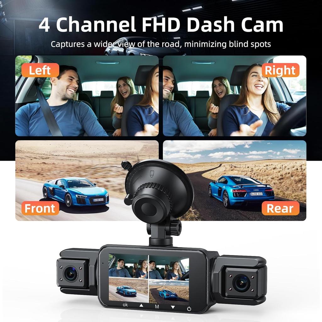 2025 4 Channel Dash Cam Front Rear 2.5K+1080P 3.18' IPS 360 Car Camera with WiFi GPS 24/7 Night Vision Parking Mode Free 128GB C