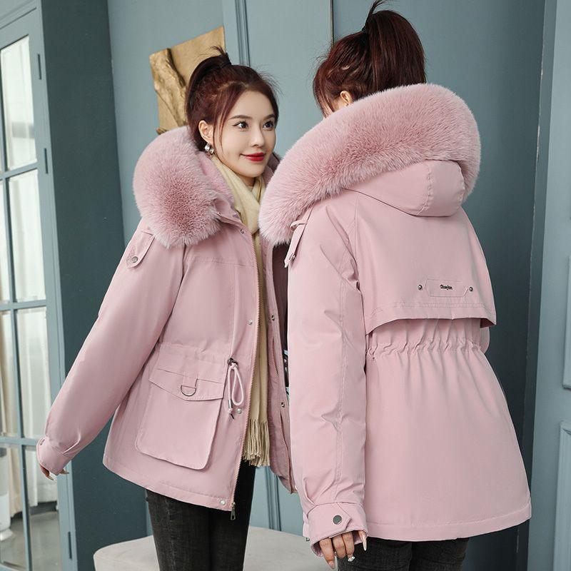 Small Velvet Thickened Parka Women's Short Waisted Cotton Coat New Large Fur Collar Cotton Winter Coat