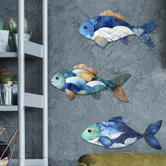 3/4Pcs/Set Wooden Fish Wall Decoration Farmhouse Rustic Nautical Turtle Shell Starfish Wall Art Sculpture Home Living Room Bathroom Wall Decorative