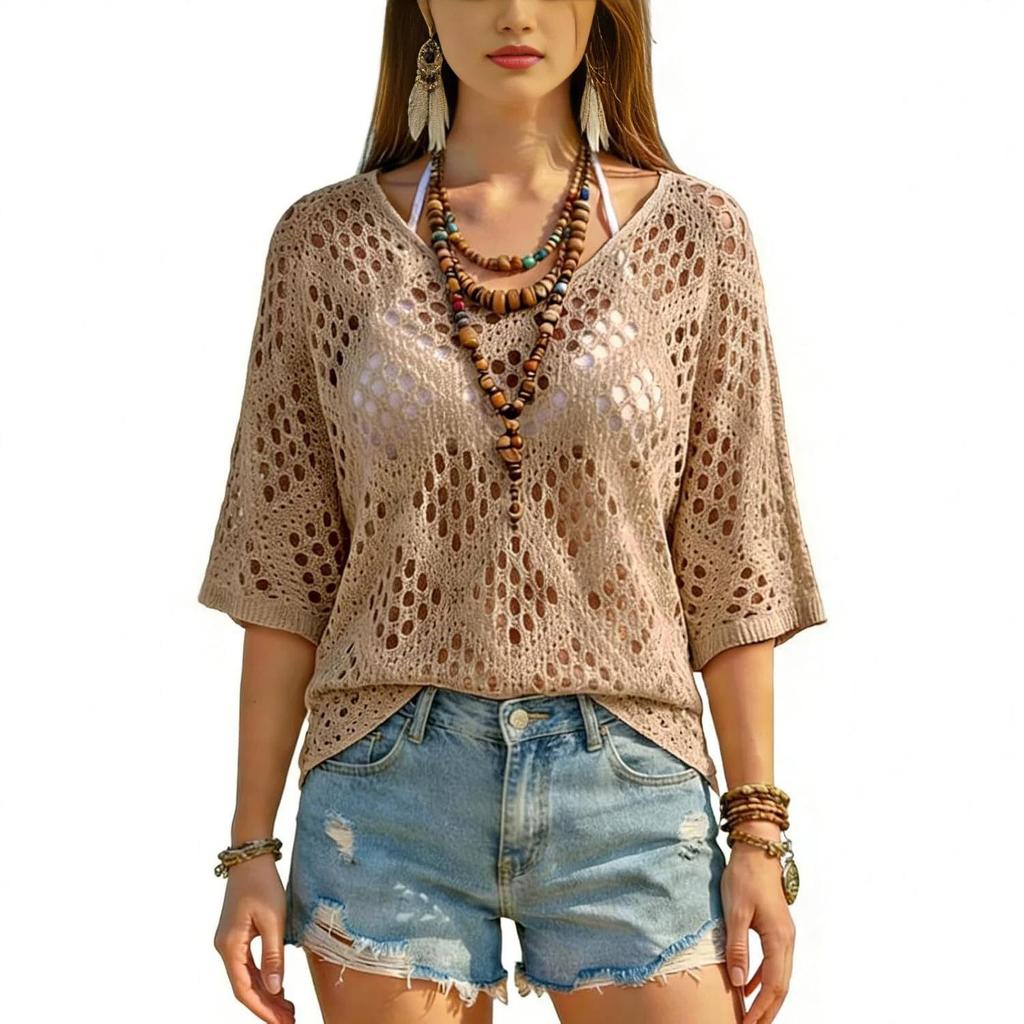 Women's Summer Casual Versatile Hollow Mesh Sweater - Slimming, Comfortable, Trendy Top