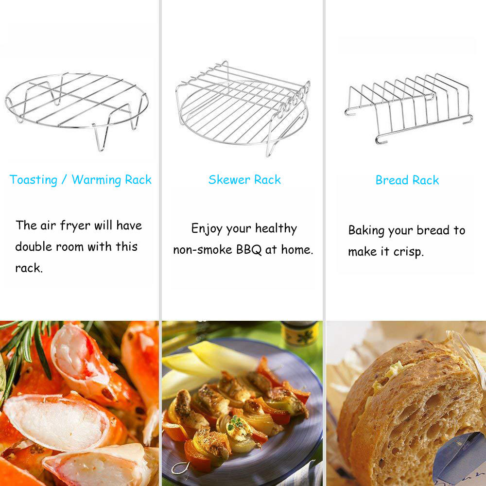 Air Fryer Accessories 7 Inch Universal Stainless Steel Rack Round Square Pan Silicone Mat Baking Mold 3.7 - 5.8QT All Airfryer