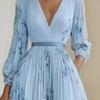 Women's Floral Print Pleated Maxi Dress V Neck Long Sleeve Wedding Guest Dress Spring Flowy Party Cocktail Dress