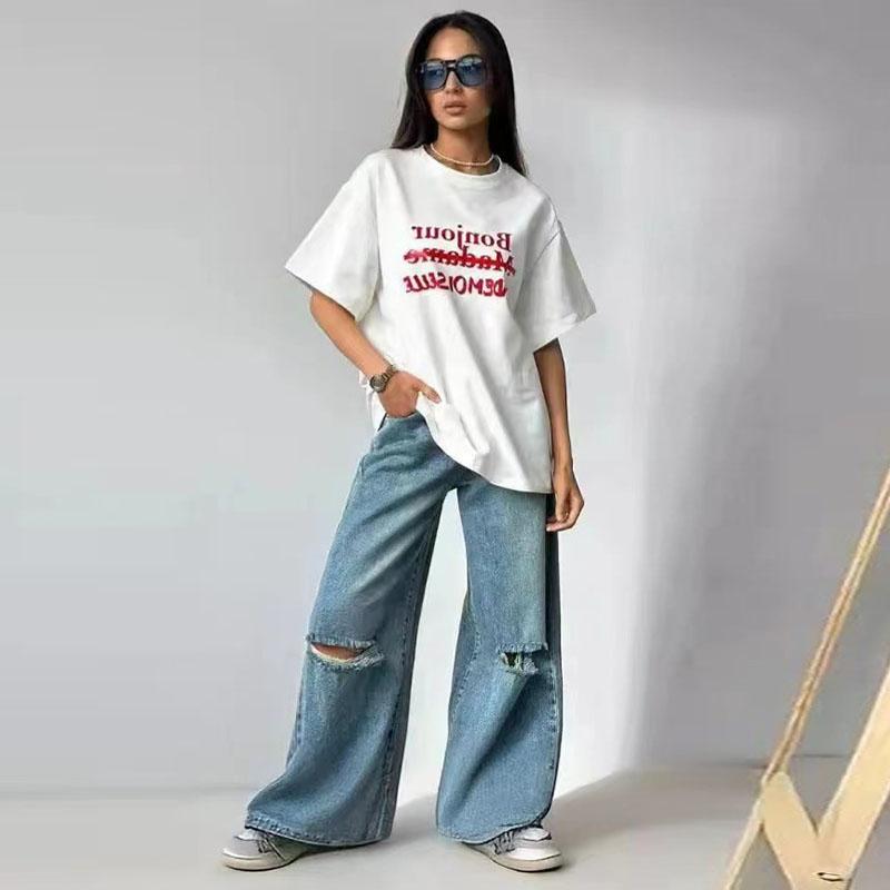 Simplicity Letter Printed Cotton T Shirt Women Summer White Loose Short Sleeve Round Neck Tops Casual Basic Lady Clothes