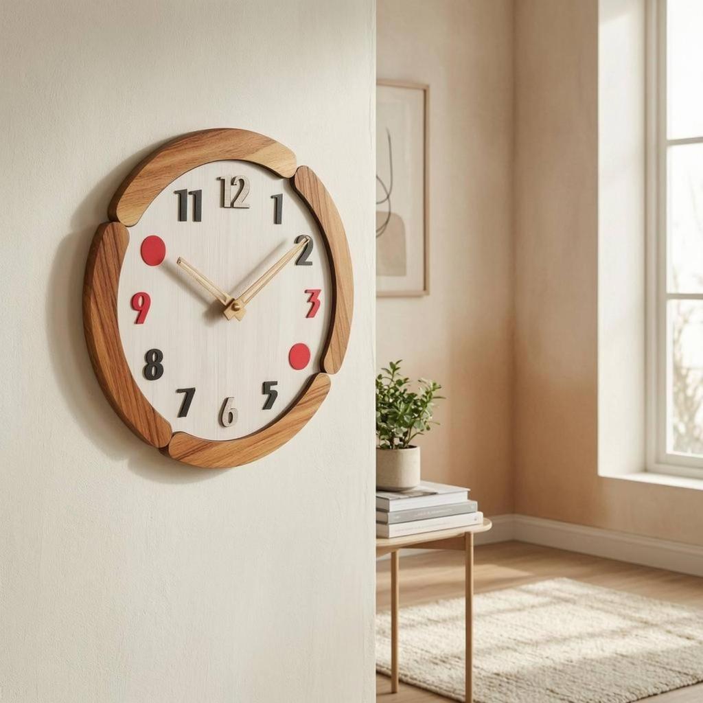 Wooden Wall Clock WoodGrain Raised Numerals Timepiece