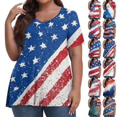 Damenmode Lässig V-Ausschnitt Pullover Kurzarm Übergröße Unabhängigkeitstag Bedrucktes T-Shirt Top
