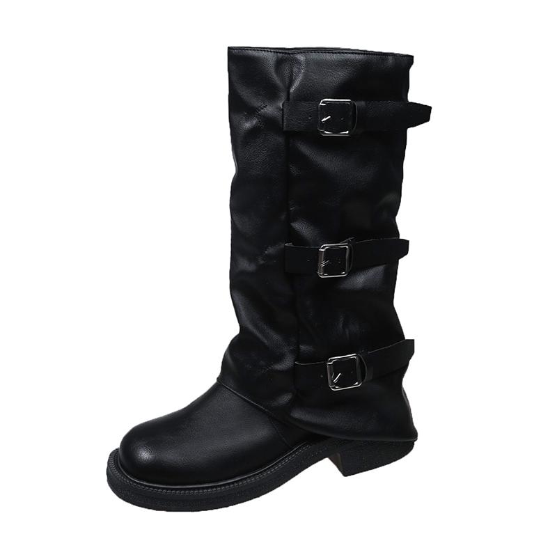 

Retro Round Toe Block Heel Belt Buckle Trouser Women New High top Stack Skinny Western Cowboy for Adult Women 39