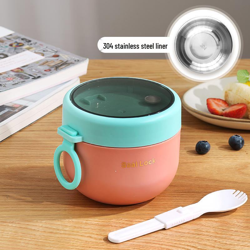 304 Stainless Steel Insulated Breakfast Cup with Lid & Spoon - Large Capacity for Porridge, Oatmeal, Milk; Portable for Students & Office Workers