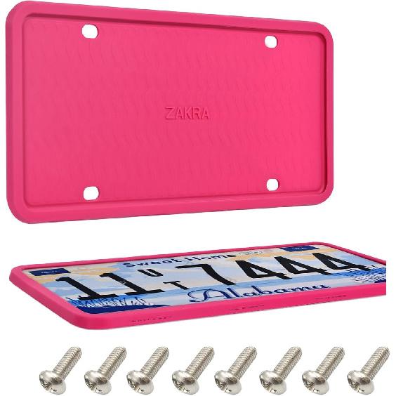 ZAKRA License Plate Frames,2 Pack Silicone License Plate Frames,Premium Silicone Material, Rust-Proof,Rattle-Proof,Weather-Proof.(Hotpink) Hotpink