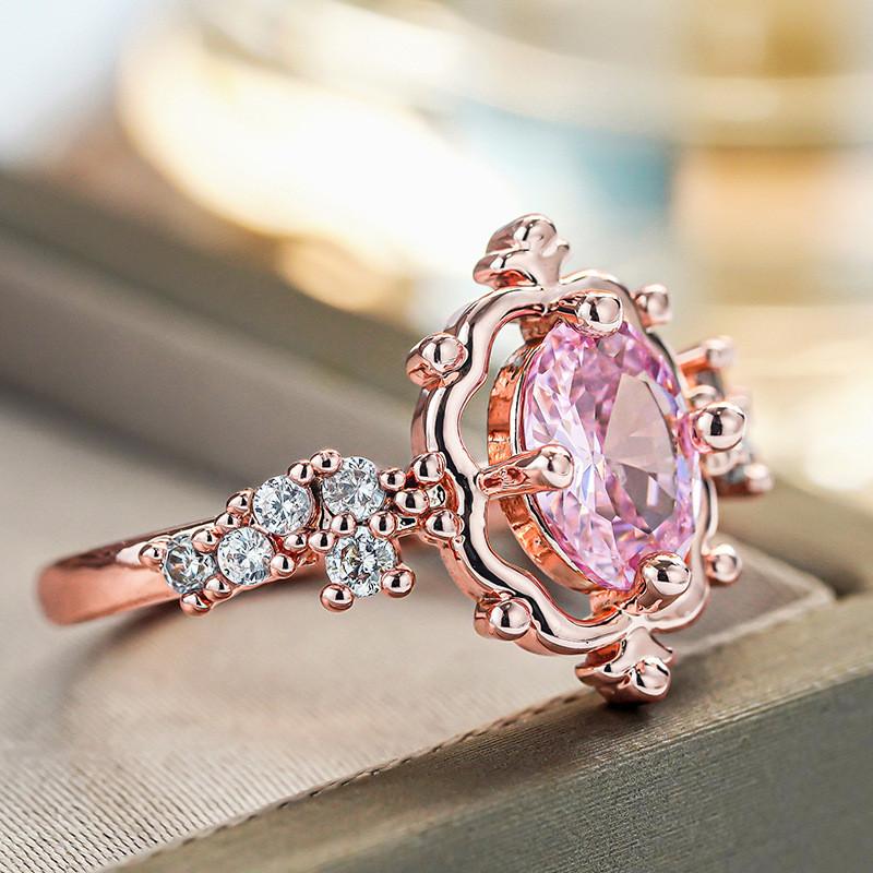CopperLuxury Crystal Pink Zircon Oval Stone Flower Rings For Women Wedding Band Bridal Jewelry Engagement Gift