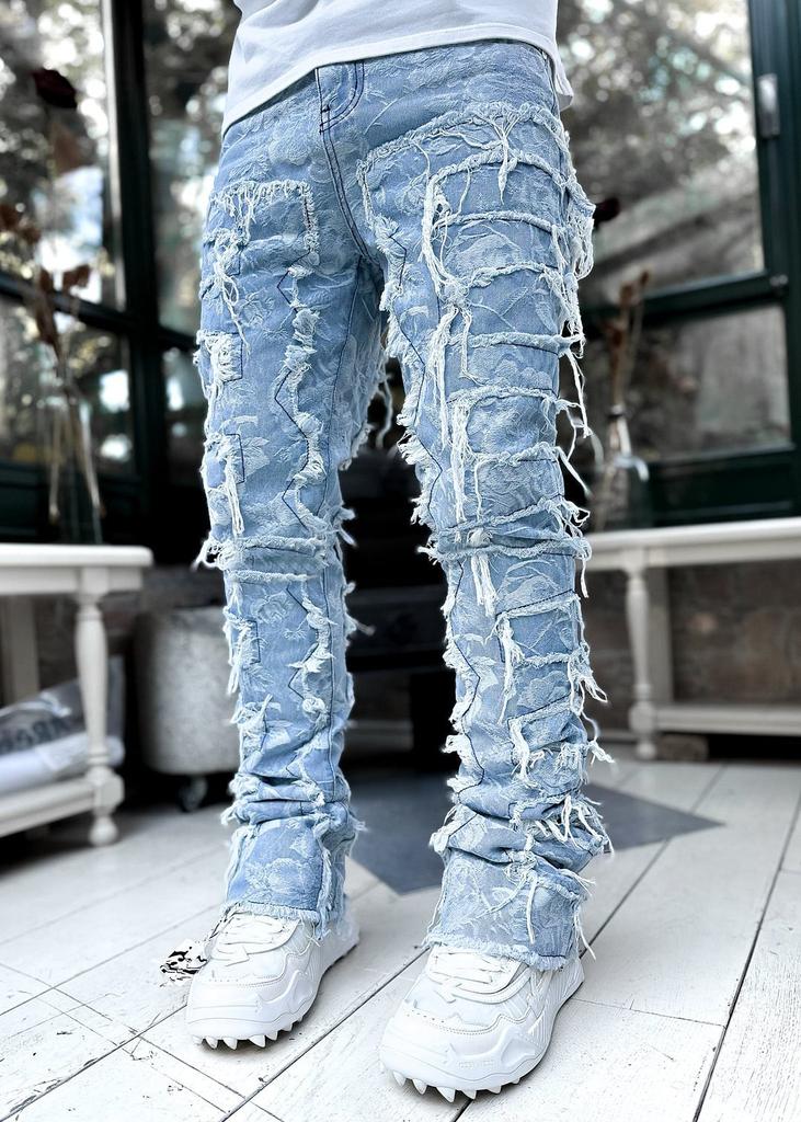Jeans Uomo Fit Stacked Strappati Slim Fit Patch Usurati Distrutti Dritti Denim Pantaloni Hip Hop Trap Streetwear Pantaloni Abbigliamento