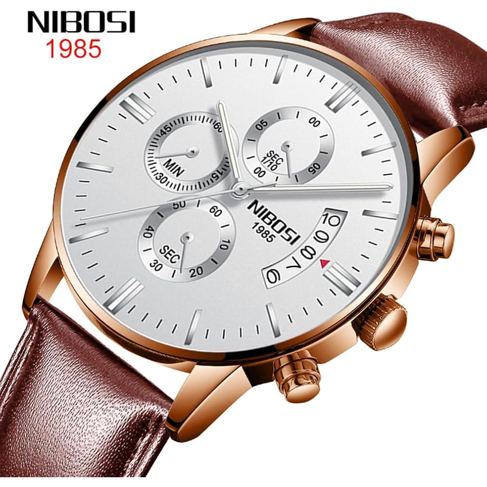 NIBOSI Men's Chronograph Watch Brown Leather Band Waterproof Analog Business Casual Big Face