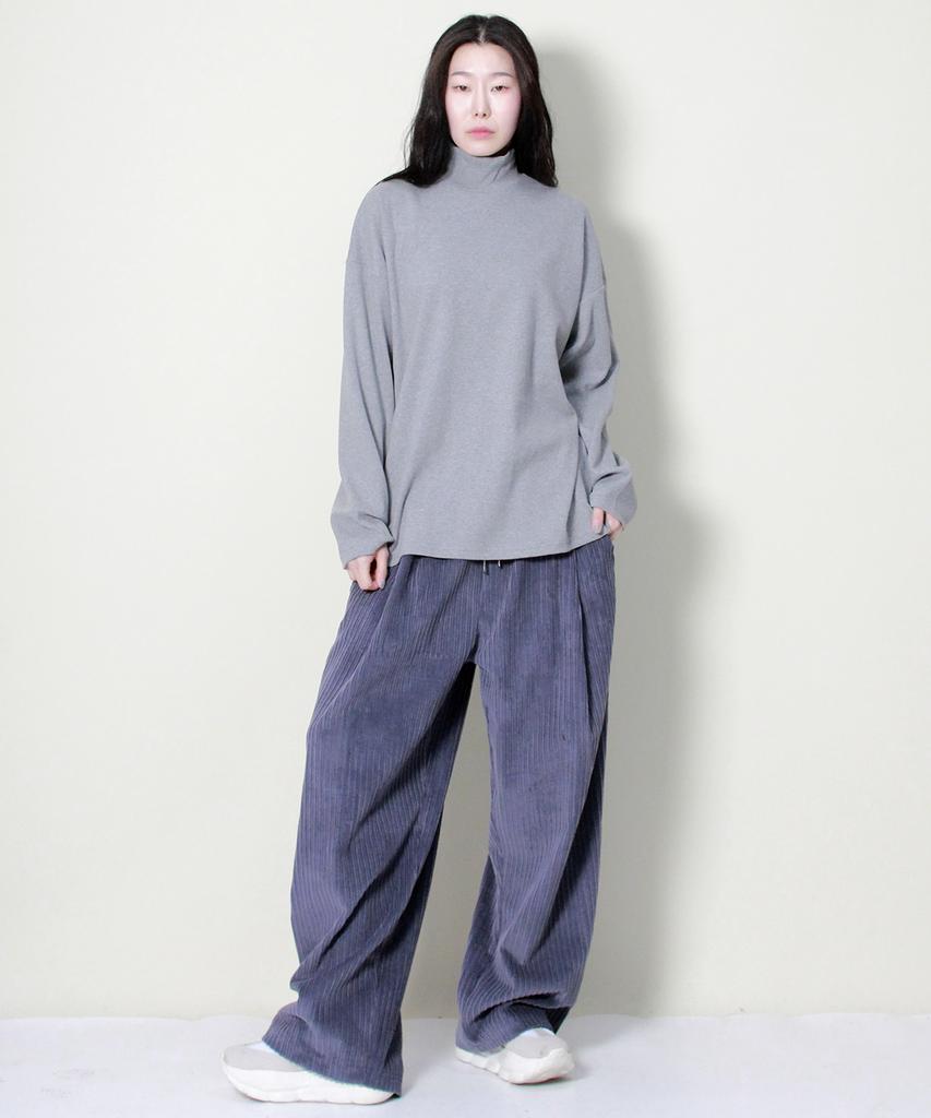 Deumakeu Wide-Fit Corduroy One-Pleat Elastic Pants Grayish Blue