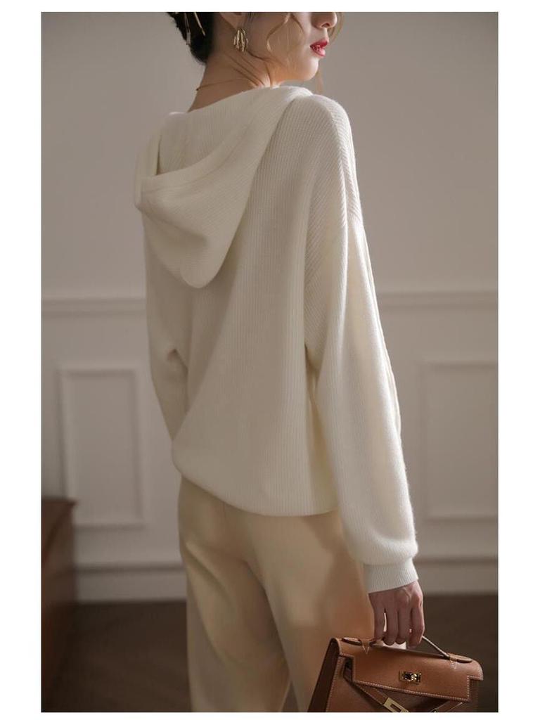 Women's Solid Wool Knit Hooded Sweater - Autumn/Winter Loose Slimming Pullover