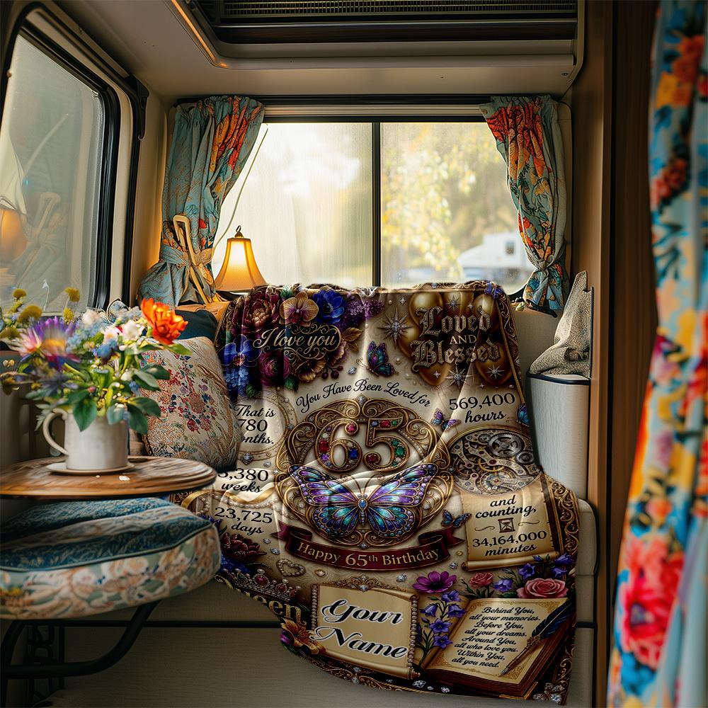 Elegant Floral Design Celebrating 65 Years Blanket Personalized Name Soft Comfortable Stylish Blanket Car Blanket Perfect For Travel Camping Outdoor