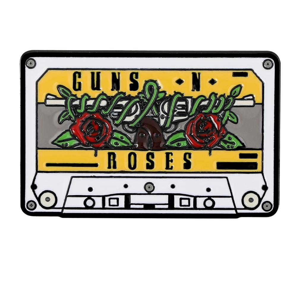7Styles Hip Hop Gun Roses Theme Enamel Brooches Skull Cross Guitar Tape Shaped Music Pins