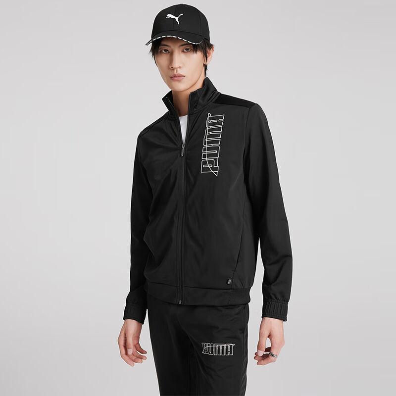 Puma Stand Collar Zip Logo Print Jacket And Solid Color Elastic Cuff Casual Pants Set Men Jacket And Pants Set Black 585325-01