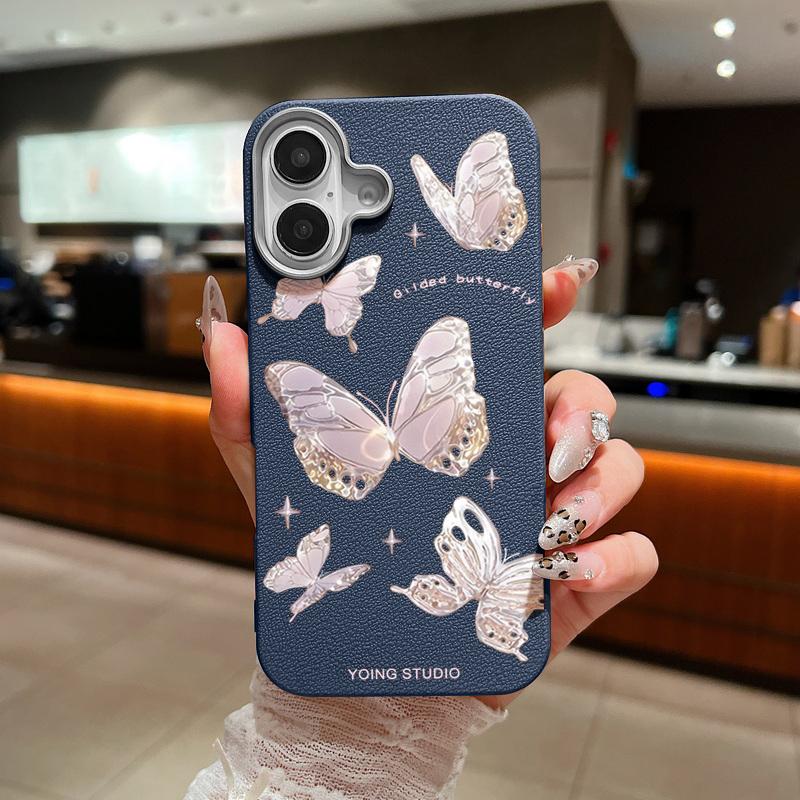 Butterfly Pattern Leather Texture Slim Soft Case Shell For iPhone 16 Pro Max 15 14 Pro 13 12 11 Matte Lens Protection Shockproof TPU Phone Cover