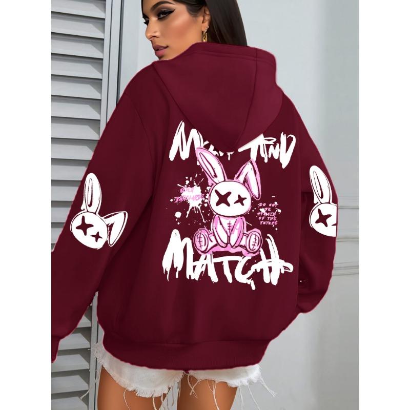 Mix And Match Cartoon Rabbit Prints Women Hoodie Pocket Streetwear Loose Hoody All-Match Fleece Female Clothing