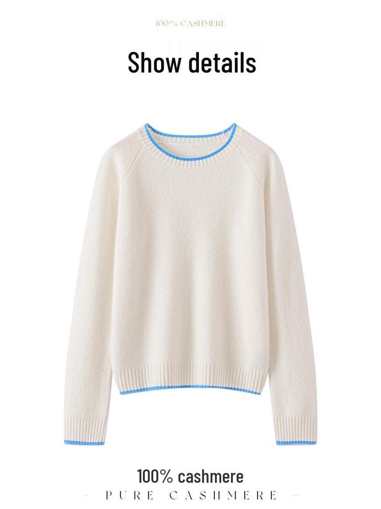 Women's 2025 Autumn/Winter Colorblock Crew Neck 100% Pure Cashmere Raglan Sleeve Thick Knit Sweater