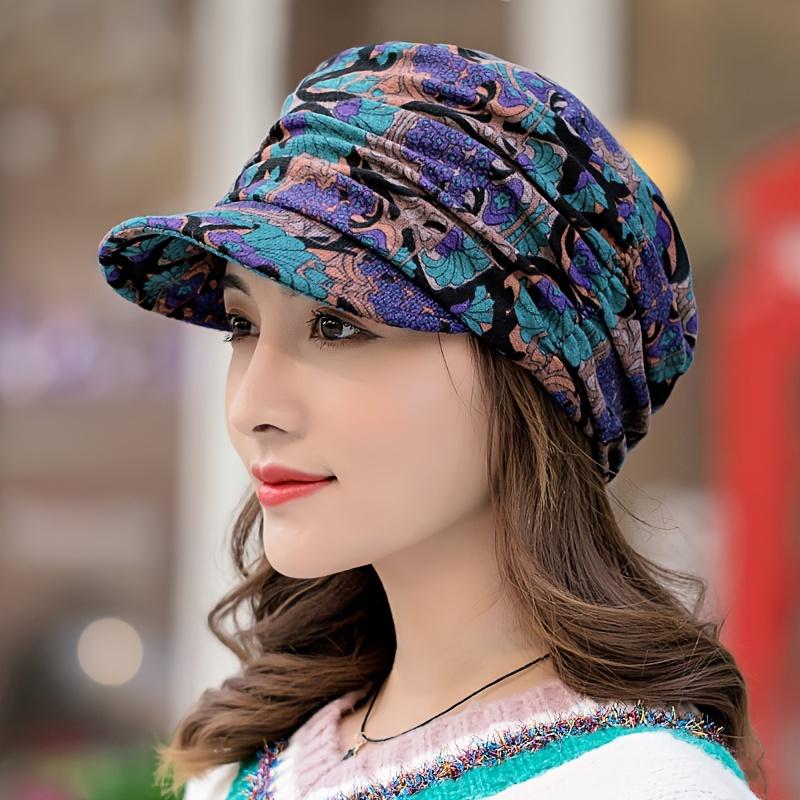 Vintage Kšiltovka s květinovým potiskem Klasická řasená lehká čepice Newsboy Trendy malířská čepice pro ženy dívky