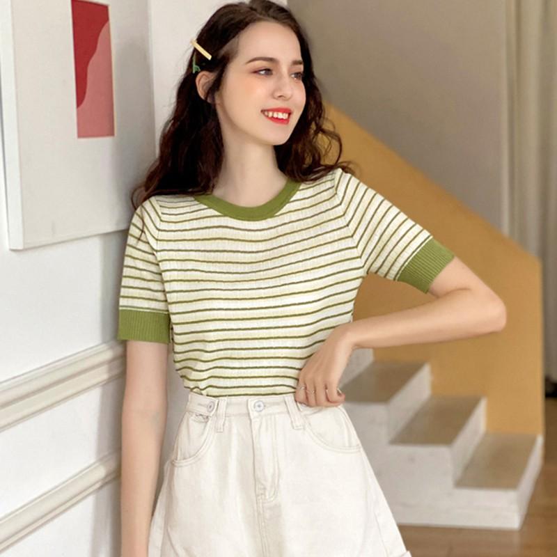 Women's Casual O Neck Striped Short Sleeve Slim Knitted T-Shirt
