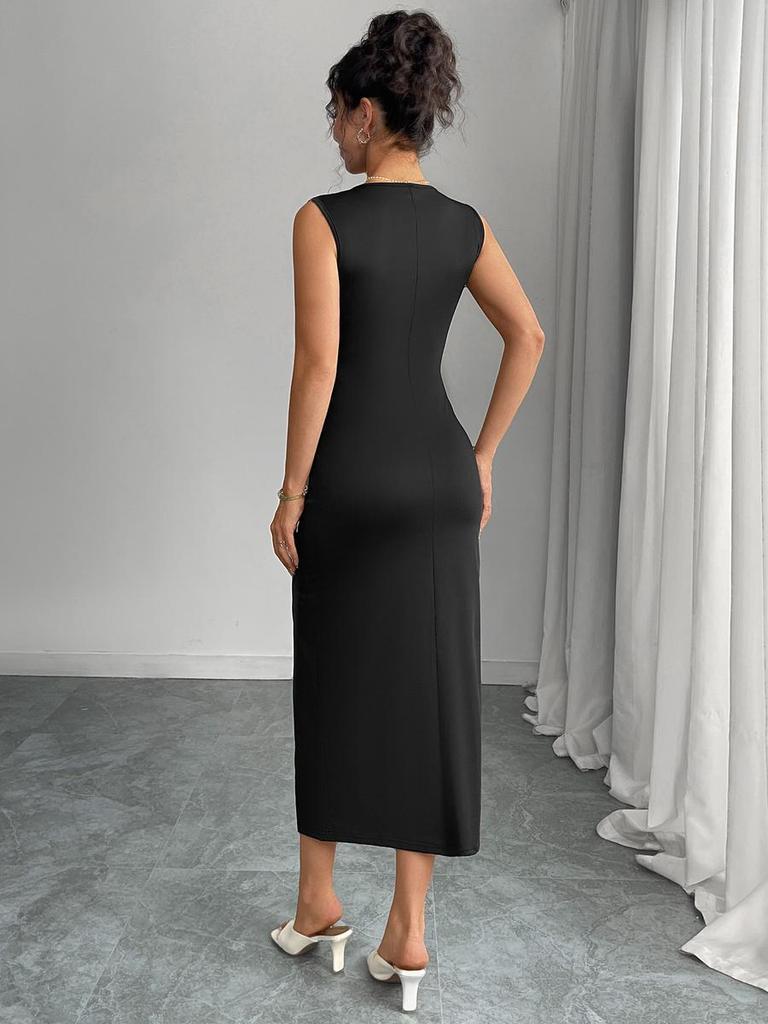 Autumn Slim Fit Bow Sleeveless Slit One-Piece Dress