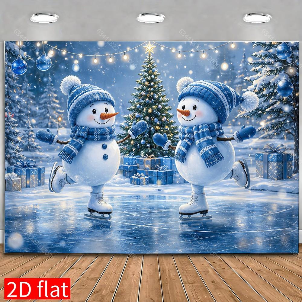 1Pcs Blue Winter Snowmen Skating Ice Rink Decoration Background Christmas Backdrop Decorations For Photo Studio Booth Party
