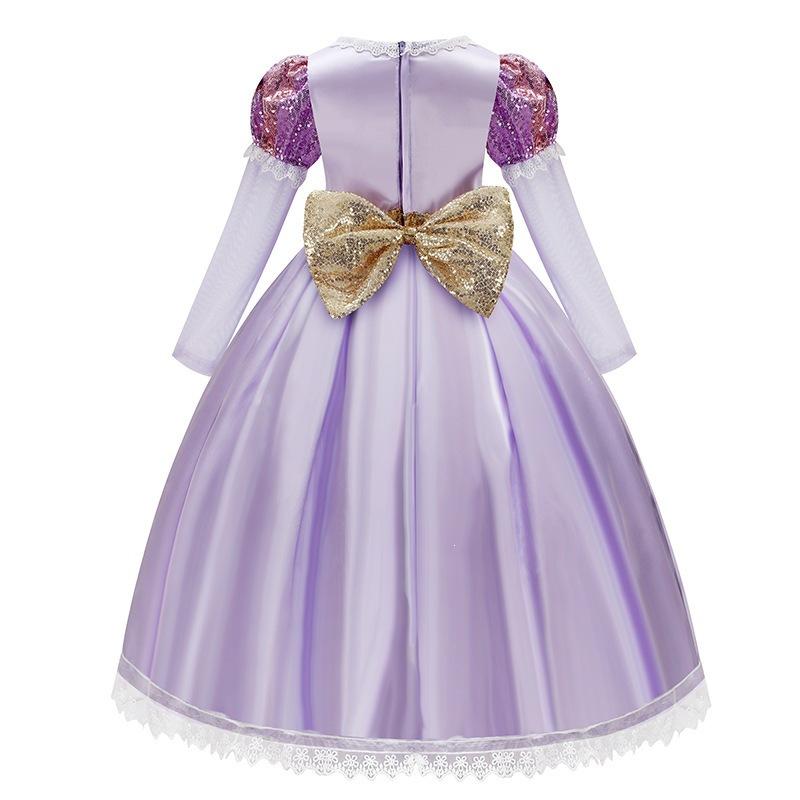 Lila Prinzessinnen-Netzkleid mit langen Haaren, Halloween-Märchenparty-Bühnenkleid für Mädchen