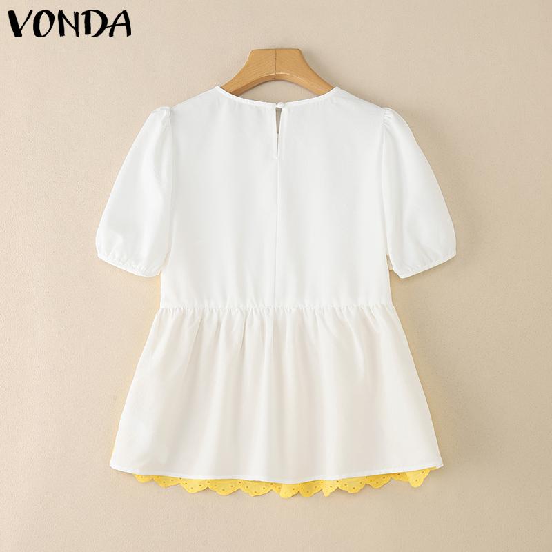 VONDA Women Short Sleeve Front Crochet Patchwork Fake Two Pieces Blouse