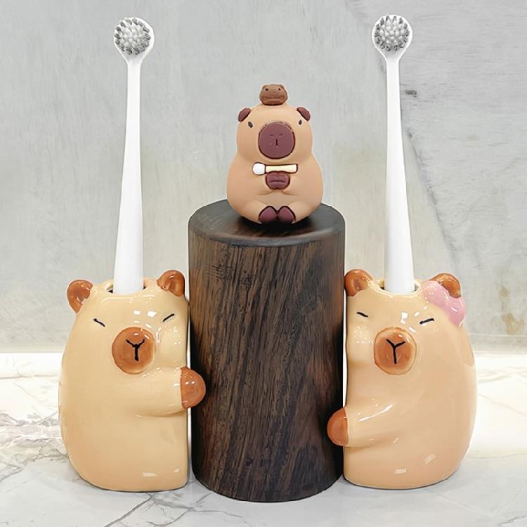 Pair Of Hugging Capybaras Toothbrush Holders Ceramic Waterproof Bathroom Decoration For Couple With Stable Base