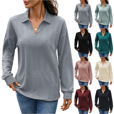 Mode Femme Décontracté Couleur Unie Revers Ample Manches Longues T-Shirt Haut