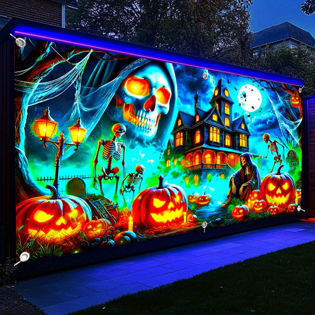 2D Door Banner 2D Flat Gothic Moonlight Skull Castle - UV Glowing Halloween Garage Door Banner