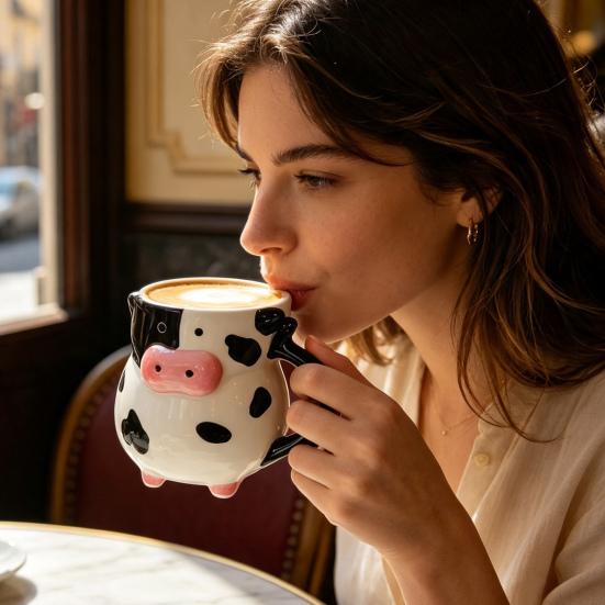 Tazze da Caffè da Ufficio con Manico, Tazza in Ceramica Mucca 3D, Capacità 580ml, Tazze Mattutine Carine, Tazza Animale, Decorazione da Scrivania Originale per Casa E