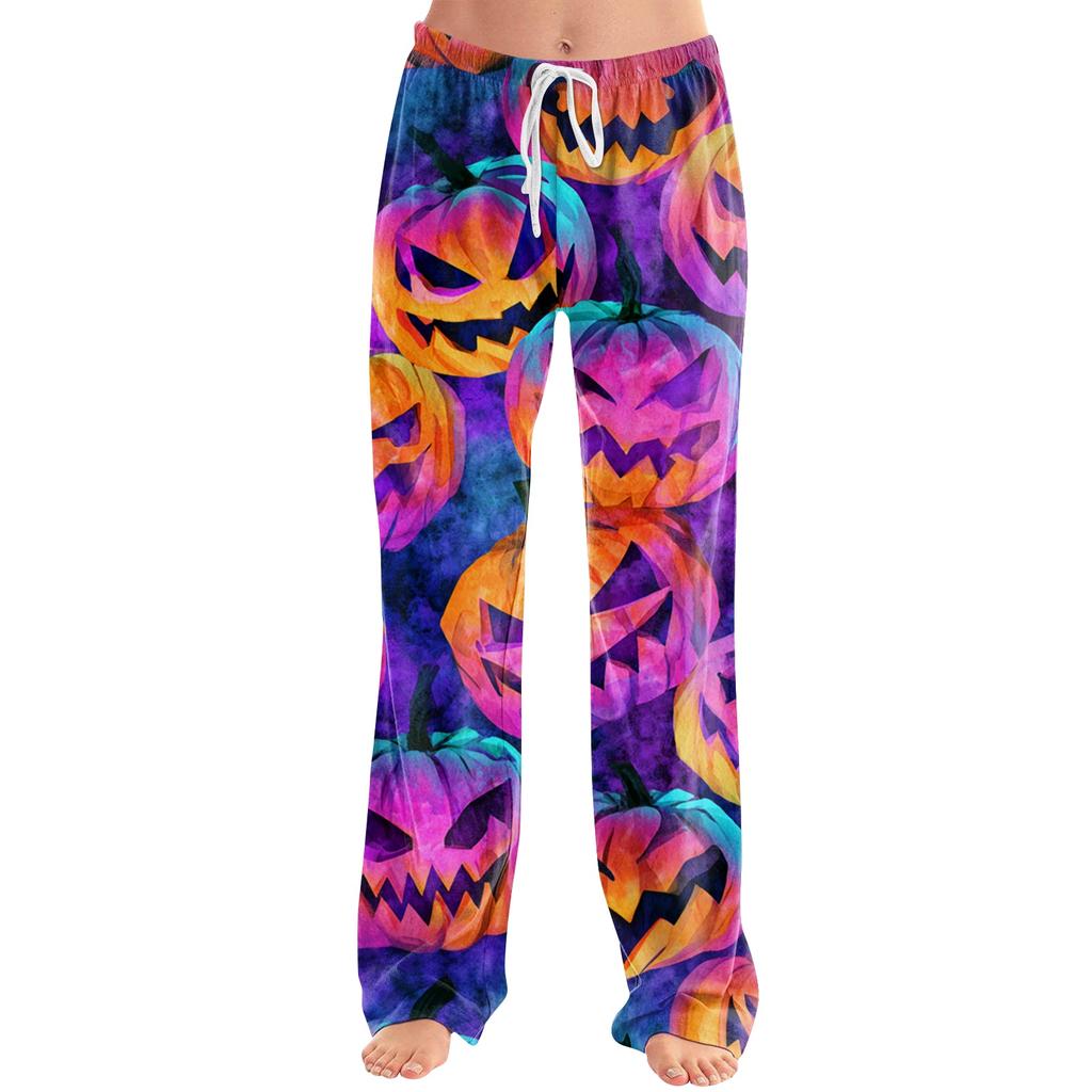 Women's Loose Fit Casual Pants Halloween Pumpkin Print Lounge Pants Elastic Waistband Comfortable Fit for Everyday Wear