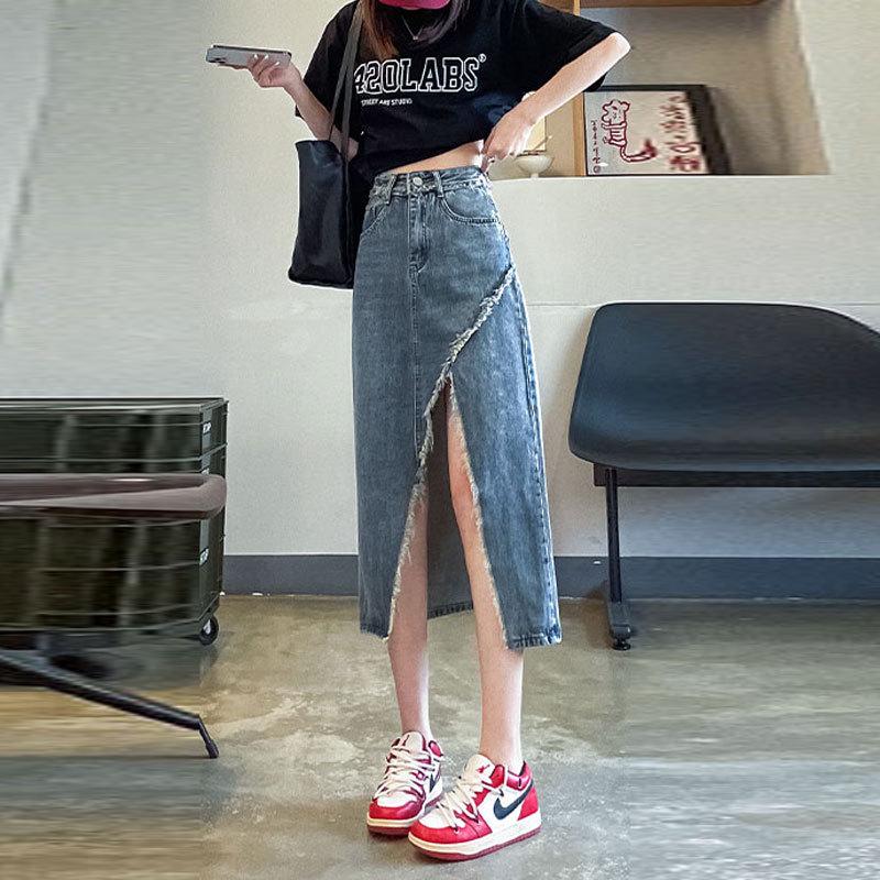 

Юбка из денима с высокой талией и неровными разрезами - женская черная/серая юбка А-силуэта с необработанными краями 2XL