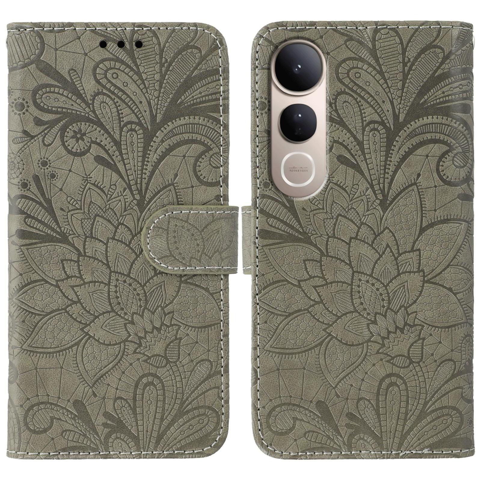 

For vivo V50 Lite 4G/5G Case Lace Flowers PU Leather Flip Wallet Phone Cover Grey