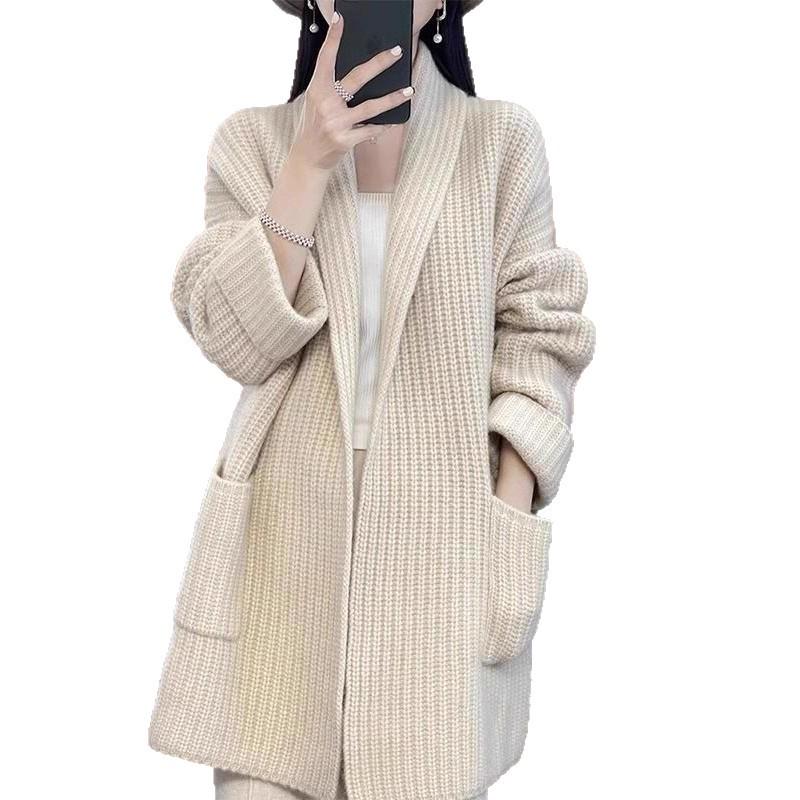 Korean Style Chunky Knit Plus Size Loose Cardigan - Autumn/Winter Women's Trendy Mid-Length Sweater Coat
