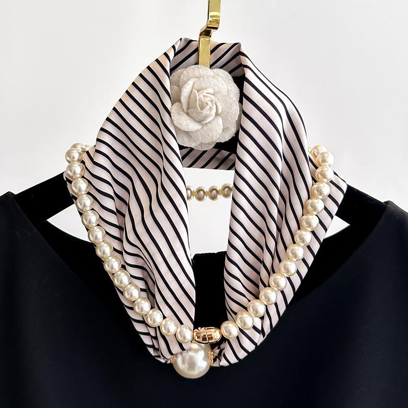 Simple magnetic buckle pearl long silk scarf women's spring and autumn scarf summer printing decorative scarf versatile thin neck protector