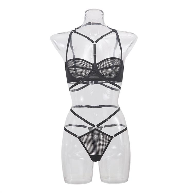 2022 New Lace Sexy Bra Thong Set Lingerie Erotic Underwear Cross Strap Hollow Out Garter Belt Nighty Lingerie Set