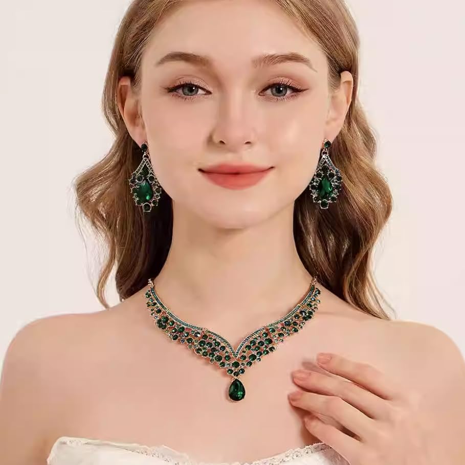 Beaded Necklace and Earring Set with Rhinestone Chains, Clear Stones, Fashion Jewelry Accessories for Women