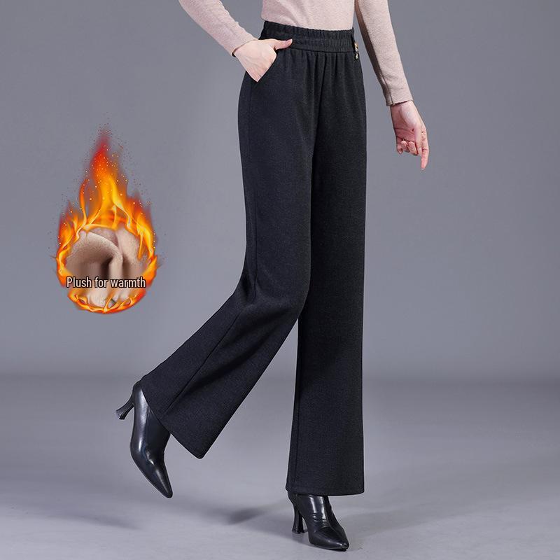 2025 Autumn/Winter Women's Solid Elastic Waist Straight-Leg Pants, Plus Velvet Thickened for Warmth, Ideal for Middle-Aged Mothers