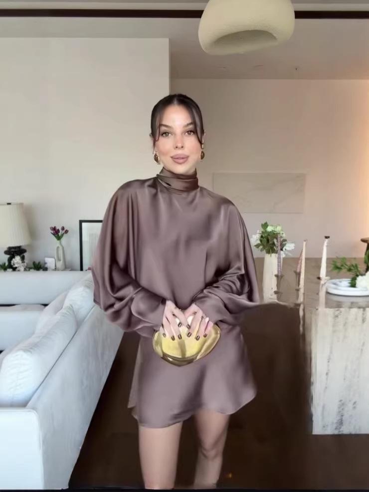 2026 Trendy European & American High Neck, High Waist Satin Long Sleeve Solid Color Short Dress