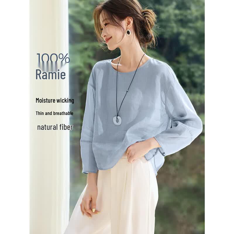 

Women s 100% Ramie Loose Fit Round Neck Cover-up Shirt L
