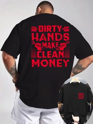 Herren Freizeit Sommer T-Shirt mit 'Dirty Hands Make Clean Money' Aufdruck Grau Kurzarm Rundhals Strickstoff Perfekt für T-Shirt